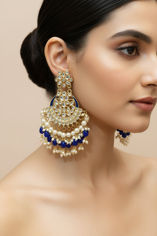 Royal Blue Kundan & Pearl Chandbali Earrings