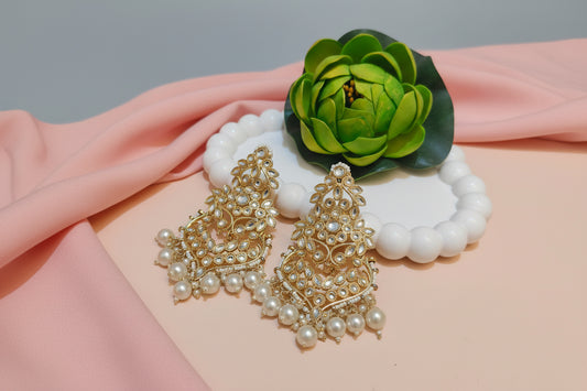 Gold Kundan & Pearl Drop Chandbali Earrings