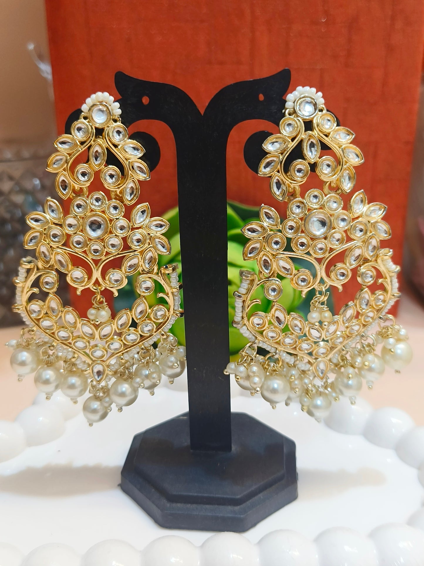 Gold Kundan & Pearl Drop Chandbali Earrings
