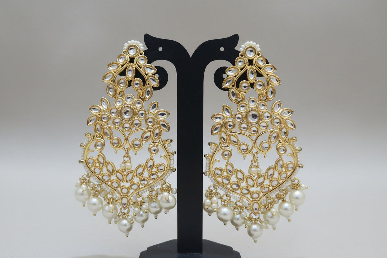 Gold Kundan & Pearl Drop Chandbali Earrings