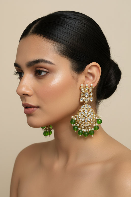 Elegant Kundan Chandbali Earrings with Green Beads & Pearl Detailing