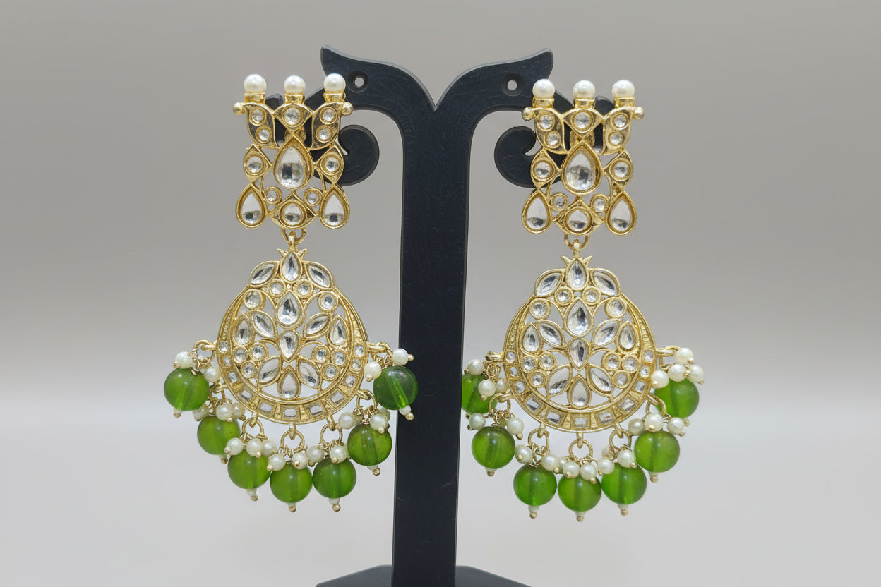Elegant Kundan Chandbali Earrings with Green Beads & Pearl Detailing