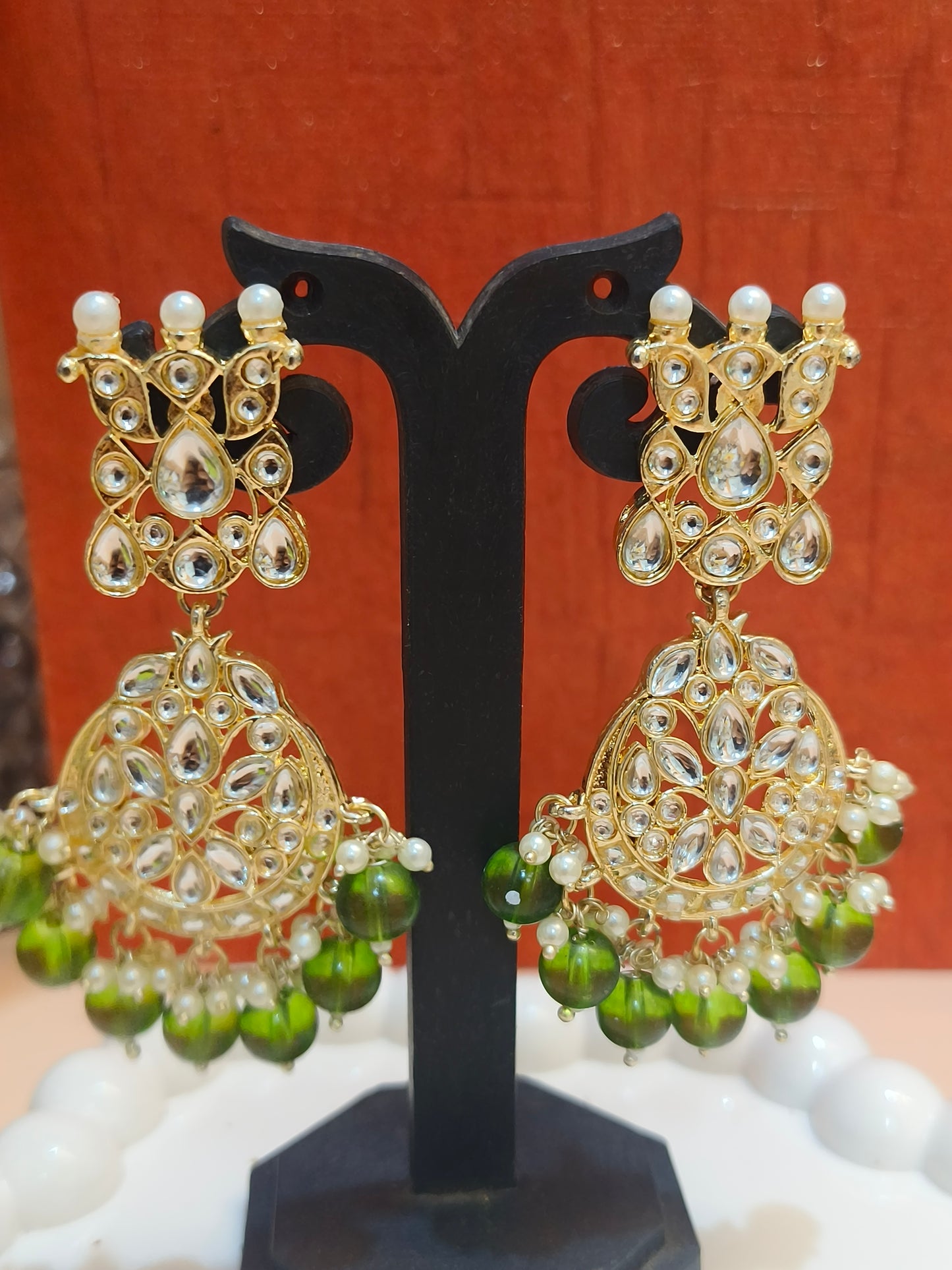 Elegant Kundan Chandbali Earrings with Green Beads & Pearl Detailing