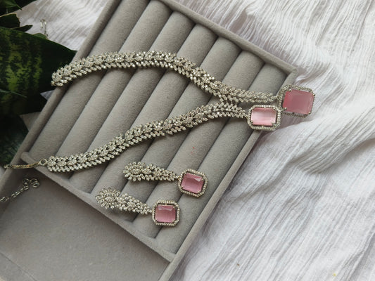 BEAUTIFUL SILVER WITH PINK STONE AMERICAN DIAMOND NEACKLACE