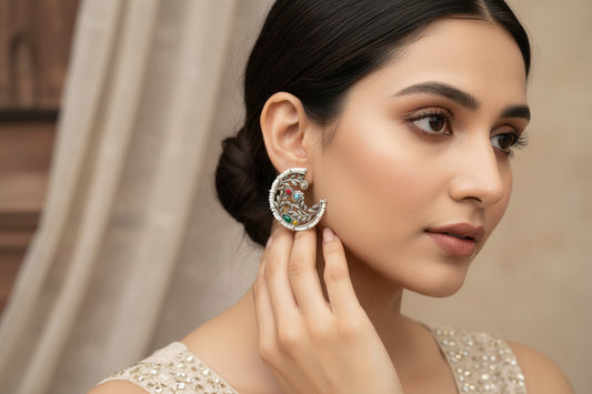 Handcrafted Oxidized Silver Moon Stud Earrings with Colorful Stones & Pearls – Ethnic Jewelry