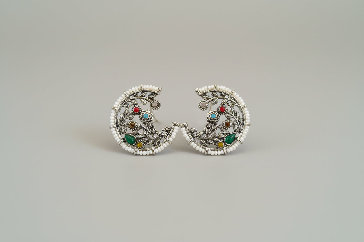 Handcrafted Oxidized Silver Moon Stud Earrings with Colorful Stones & Pearls – Ethnic Jewelry