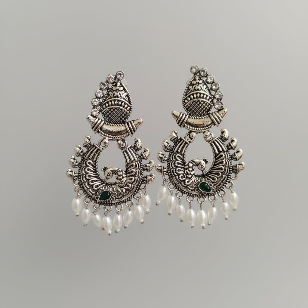 Elegant Oxidised Peacock Earrings with Pearl Drops