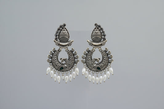 Elegant Oxidised Peacock Earrings with Pearl Drops
