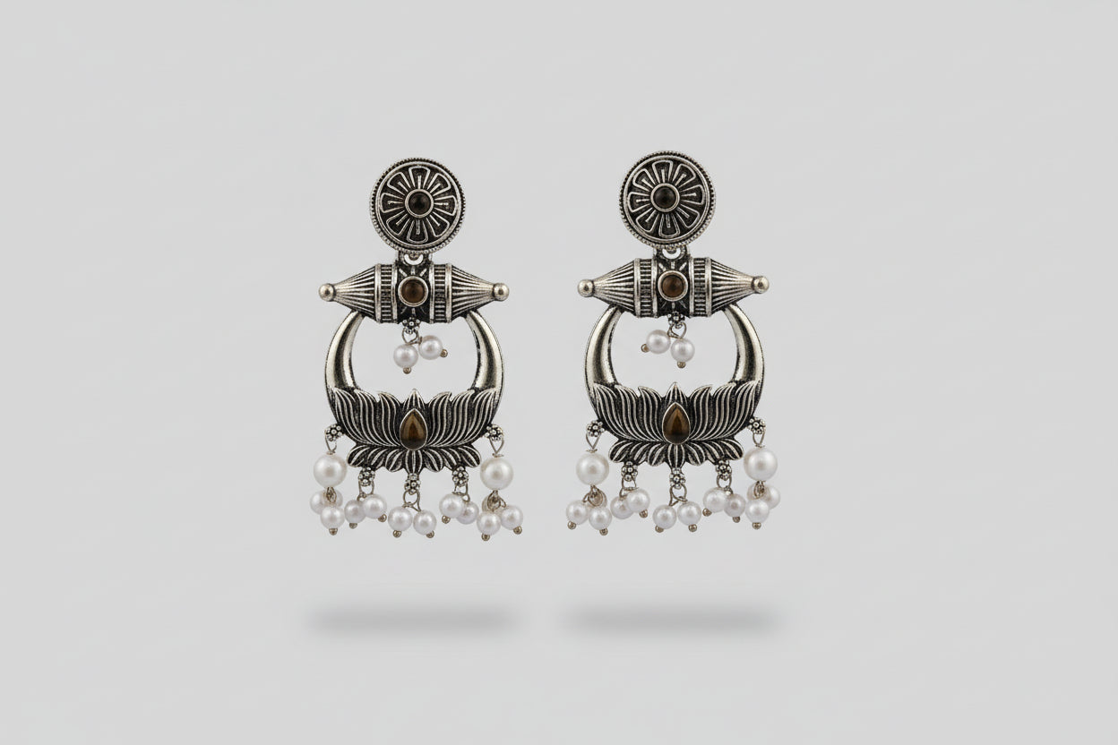 Handcrafted Oxidized Silver Lotus Earrings with Pearl Drops – Ethnic Statement Jewelry
