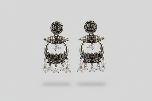 Handcrafted Oxidized Silver Lotus Earrings with Pearl Drops – Ethnic Statement Jewelry