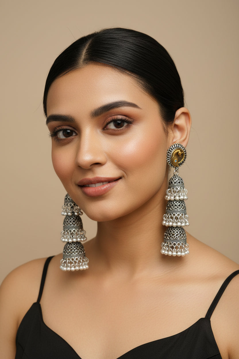 Triveni Jhumka Earrings with Golden Detailing – Ethnic Statement Jewelry