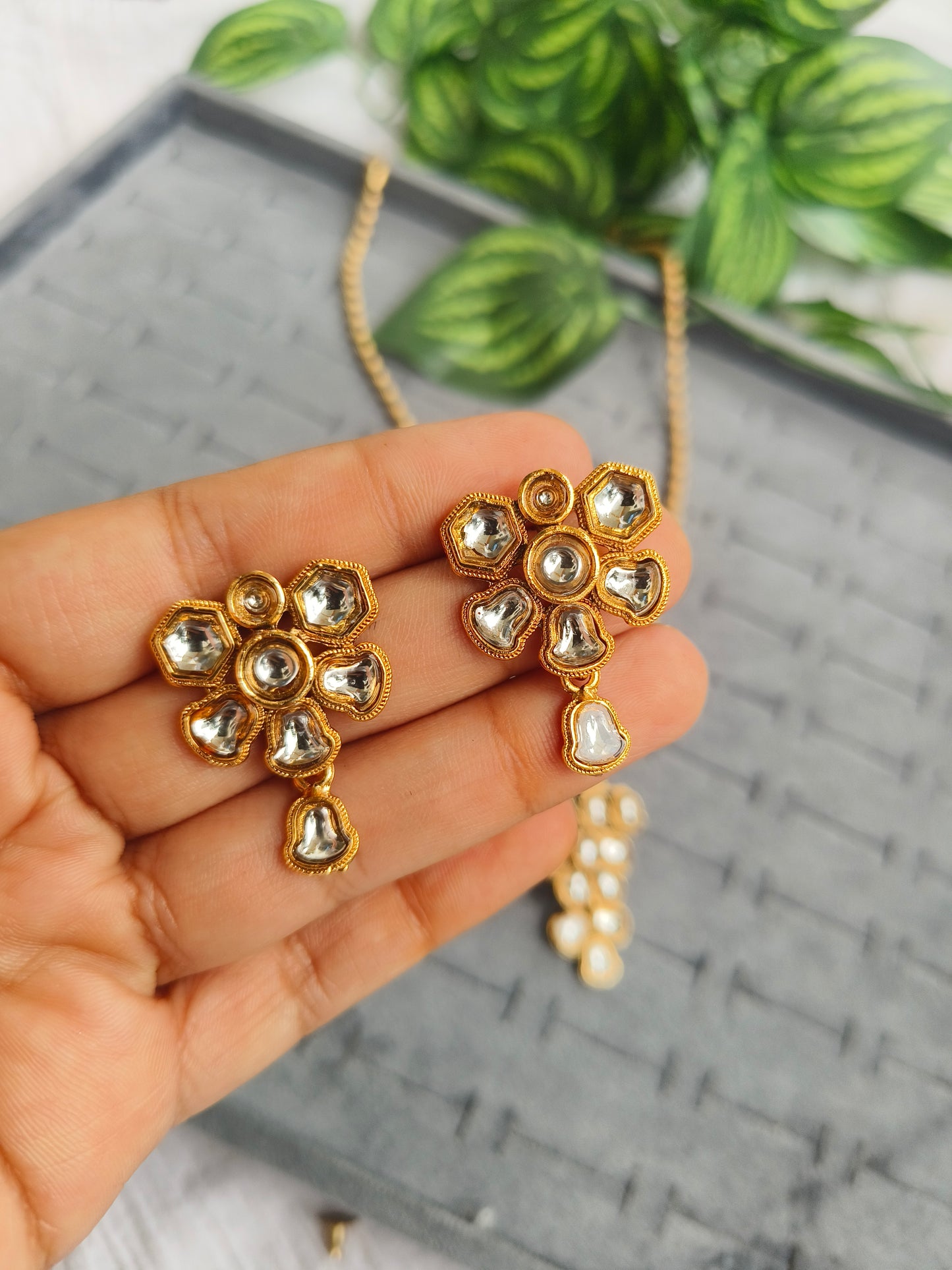 Elegant Kundan-Inspired American Diamond Gold Neck Set with Matching Earrings