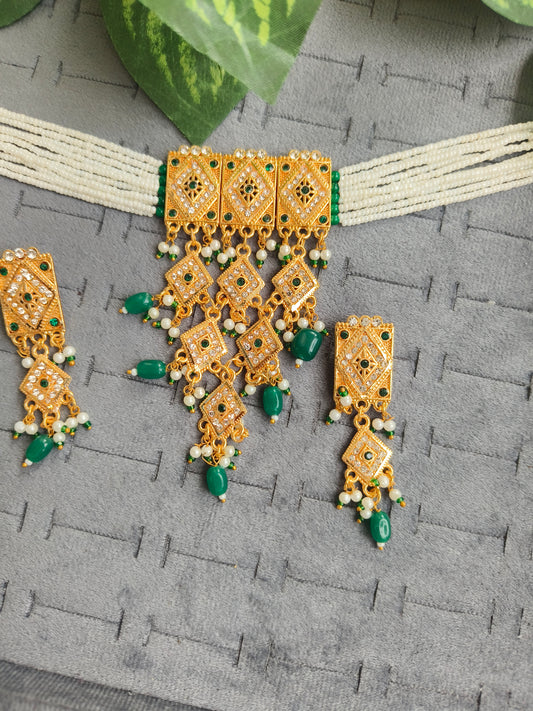 Royal Green & Gold Plated Pearl Choker Necklace Set with Earrings