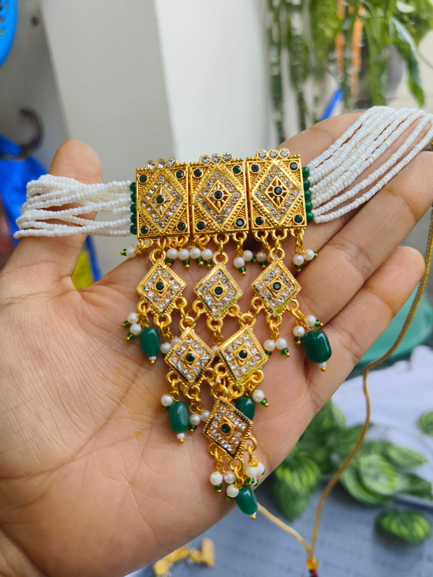 Royal Green & Gold Plated Pearl Choker Necklace Set with Earrings