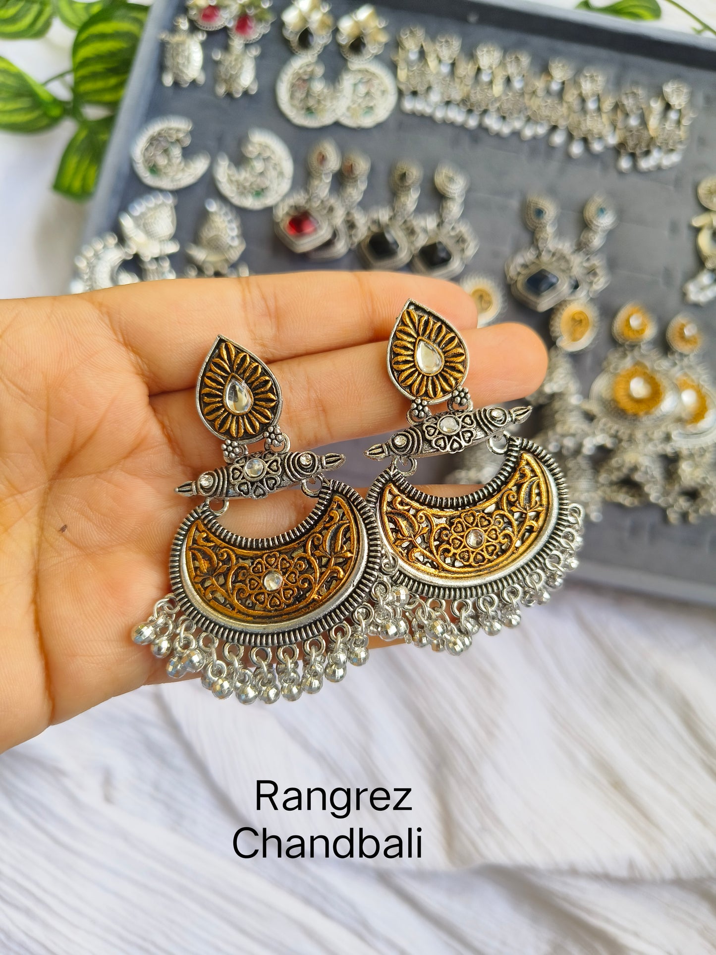Silver Rangrez Chandbali Earrings with Golden Detailing – Ethnic Jewelry
