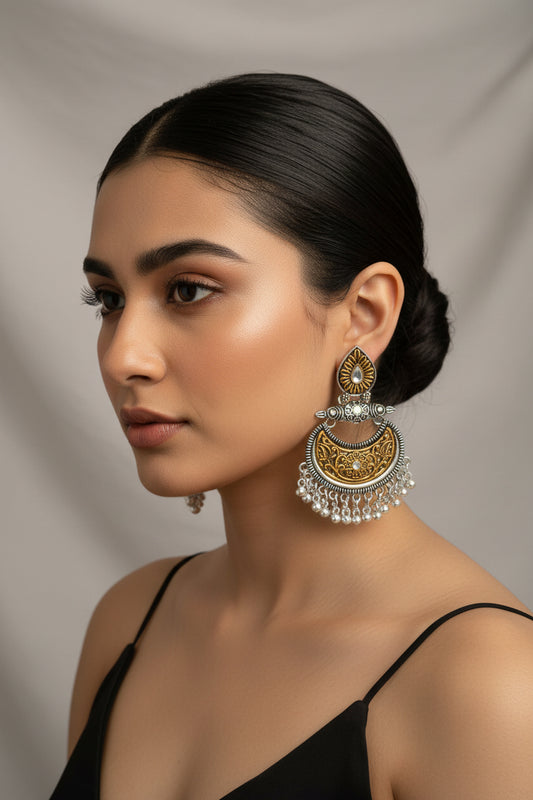 Silver Rangrez Chandbali Earrings with Golden Detailing – Ethnic Jewelry