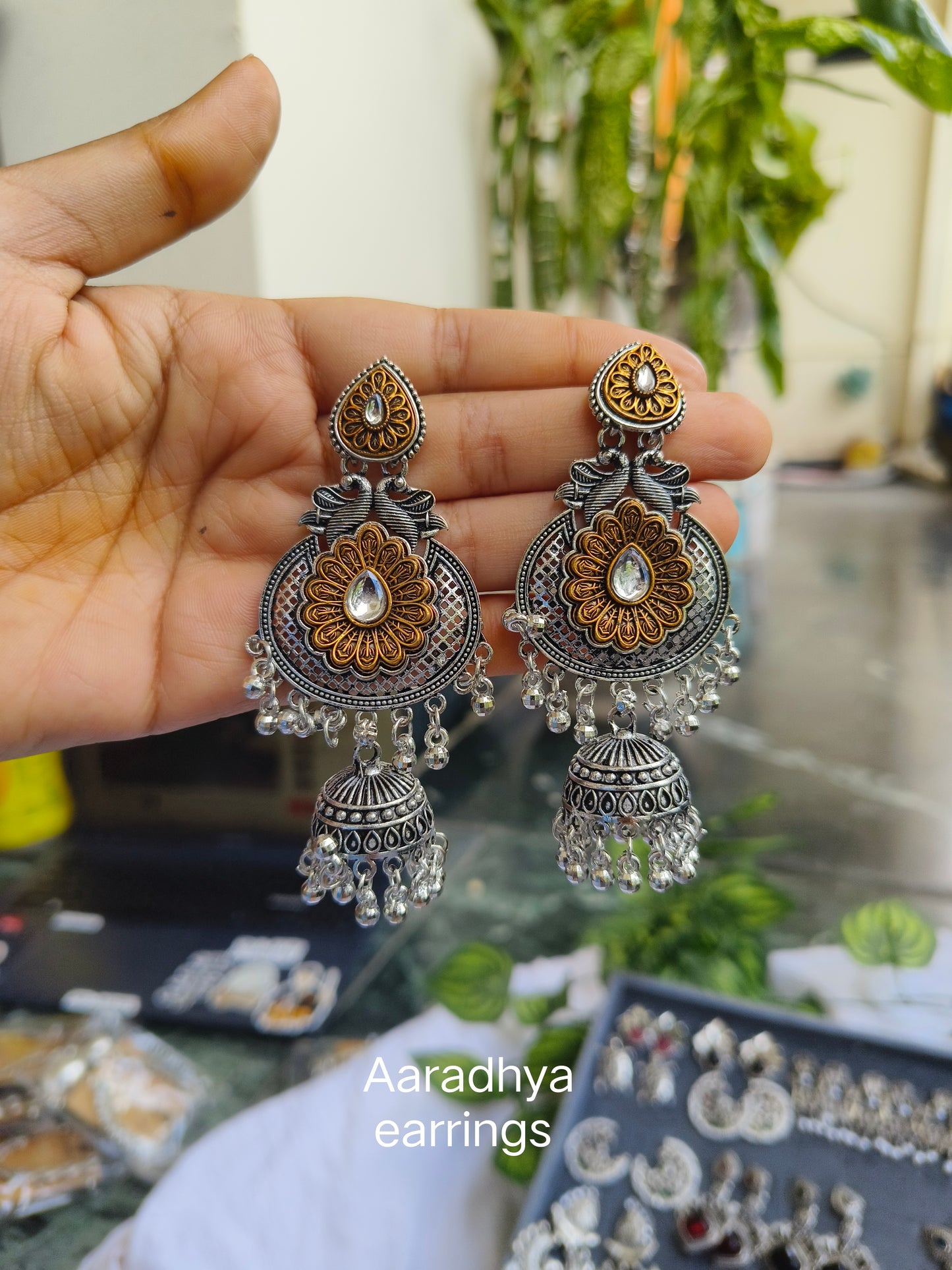 Aradhya Earrings with Golden Floral Design & Jhumka Drops – Ethnic Jewelry