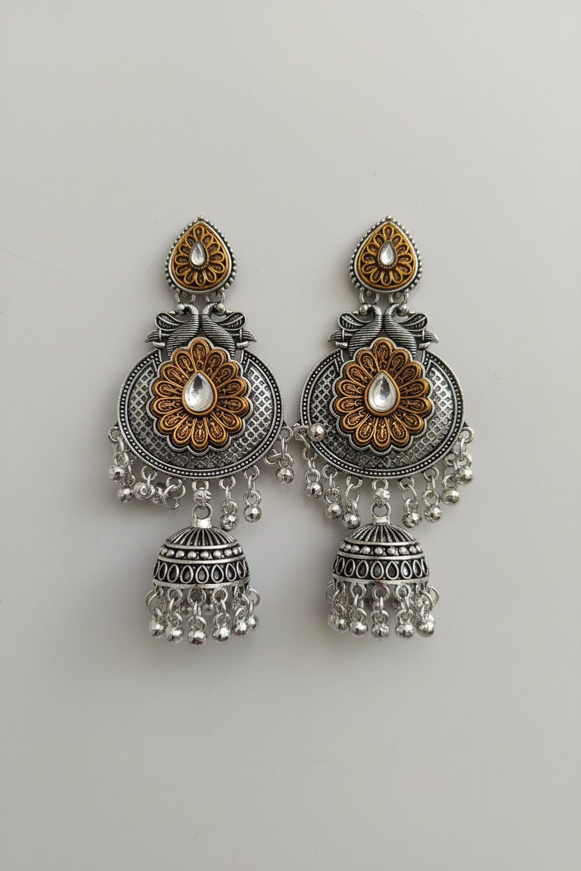 Aradhya Earrings with Golden Floral Design & Jhumka Drops – Ethnic Jewelry