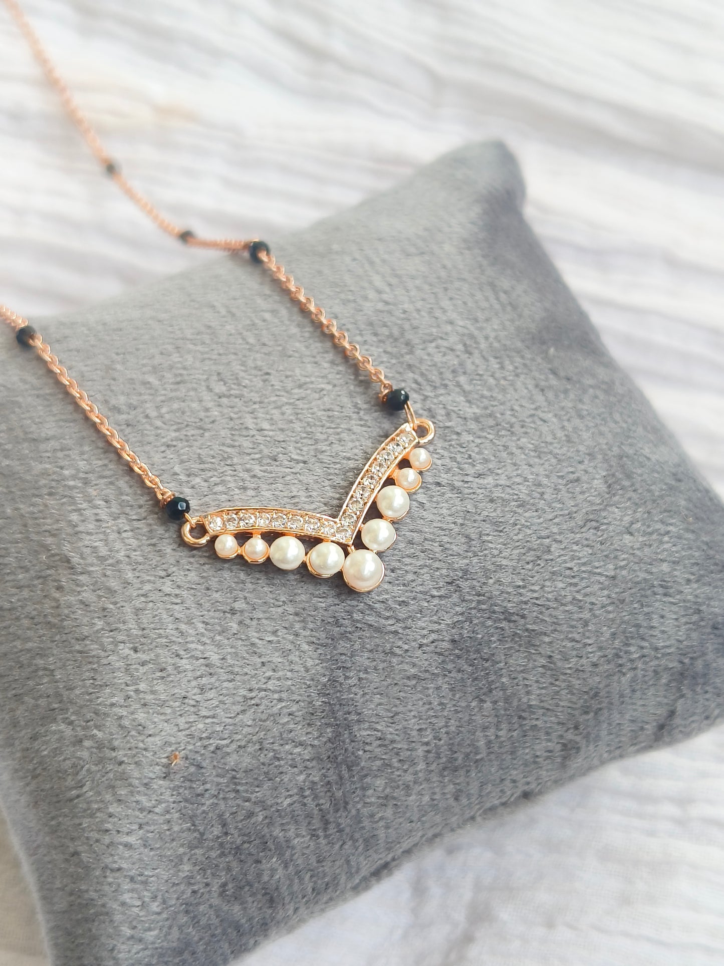 Rose Gold Pearl & American Diamond V-Shape Mangalsutra