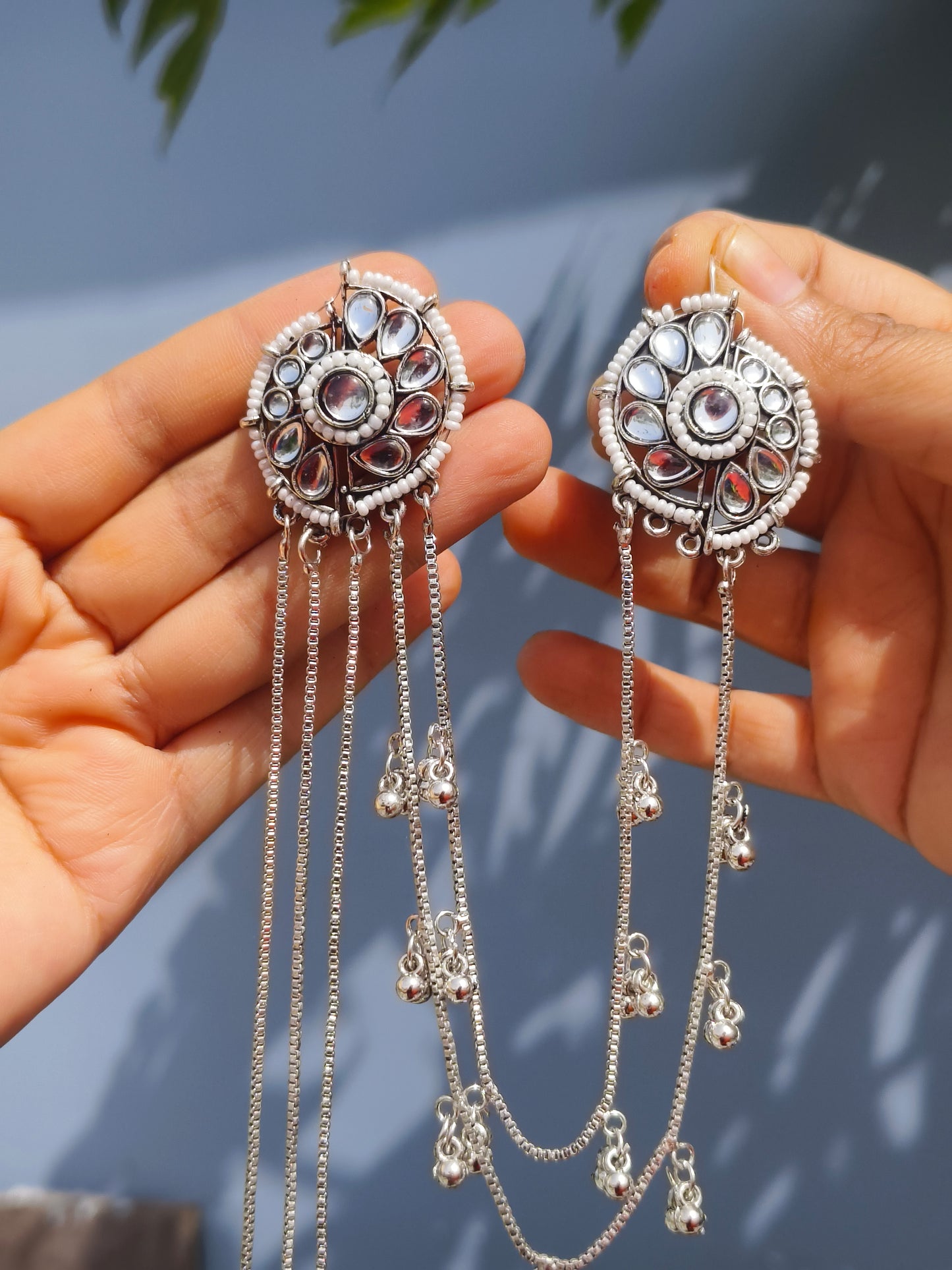 Silver Kashmiri Dual Chain Ghunghroo Earrings