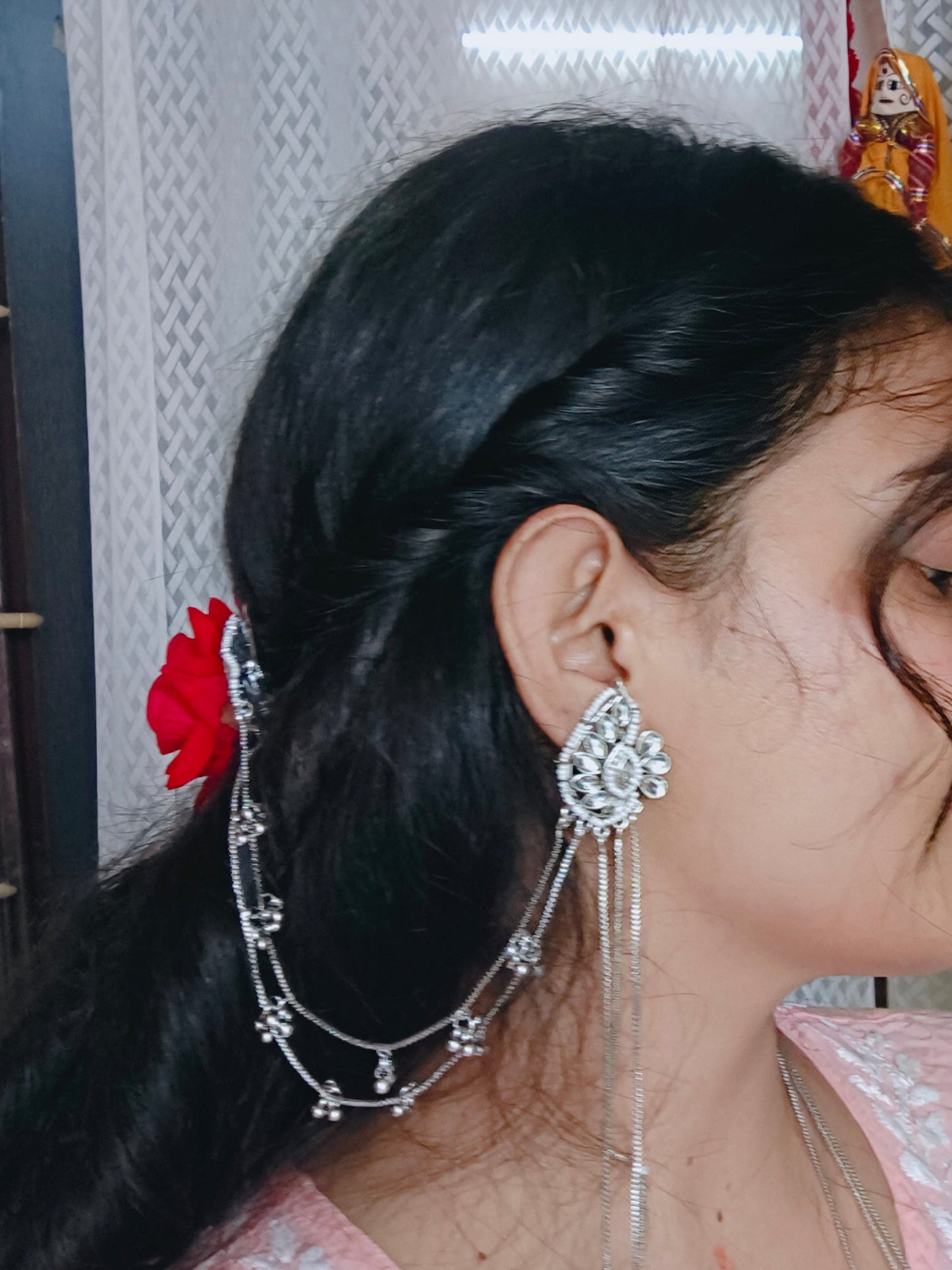 Silver Kashmiri Dual Chain Ghunghroo Earrings