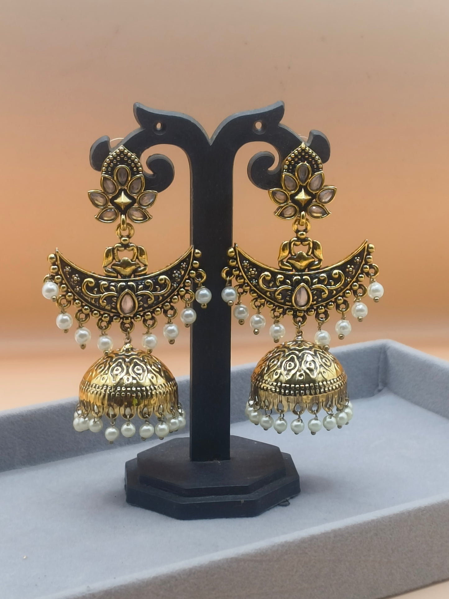 Royal Gold-Plated Chand Jhumka Earrings with Pearls