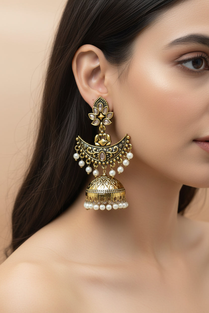 Royal Gold-Plated Chand Jhumka Earrings with Pearls