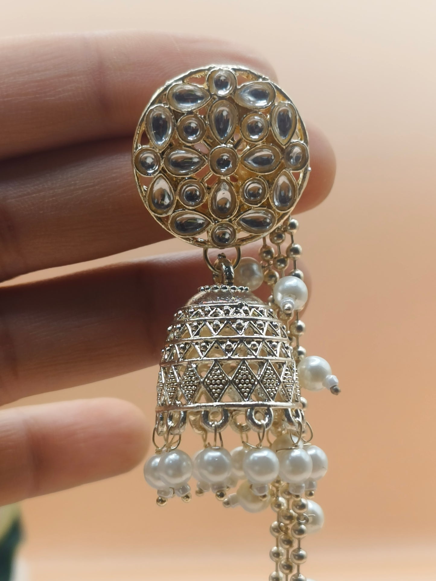 Elegant Silver-Plated Pearl Jhumka Earrings with Layered Chains
