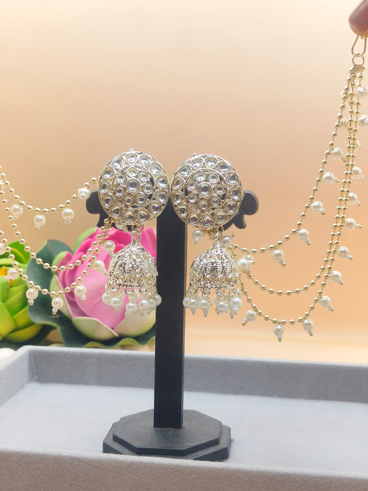 Elegant Silver-Plated Pearl Jhumka Earrings with Layered Chains