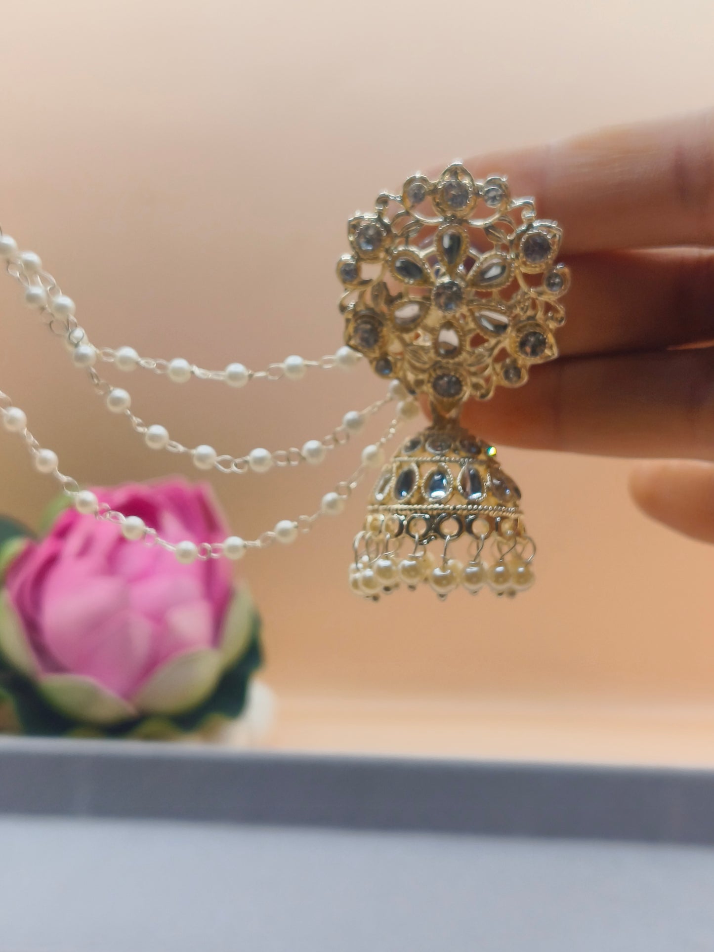 Elegant Silver-Plated Pearl Jhumka Earrings with Layered Chains