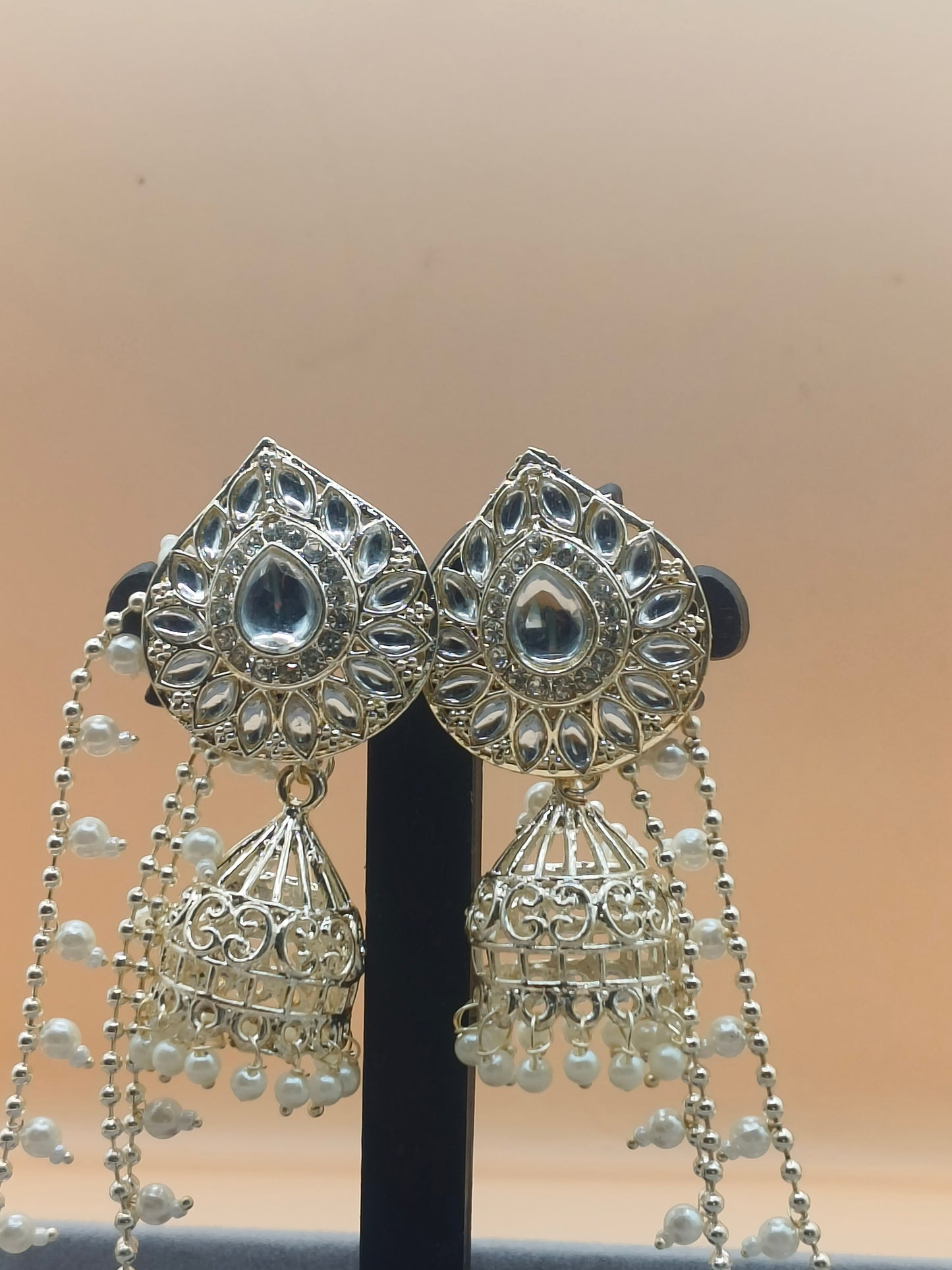 Elegant Silver-Plated Pearl Jhumka Earrings with Layered Chains