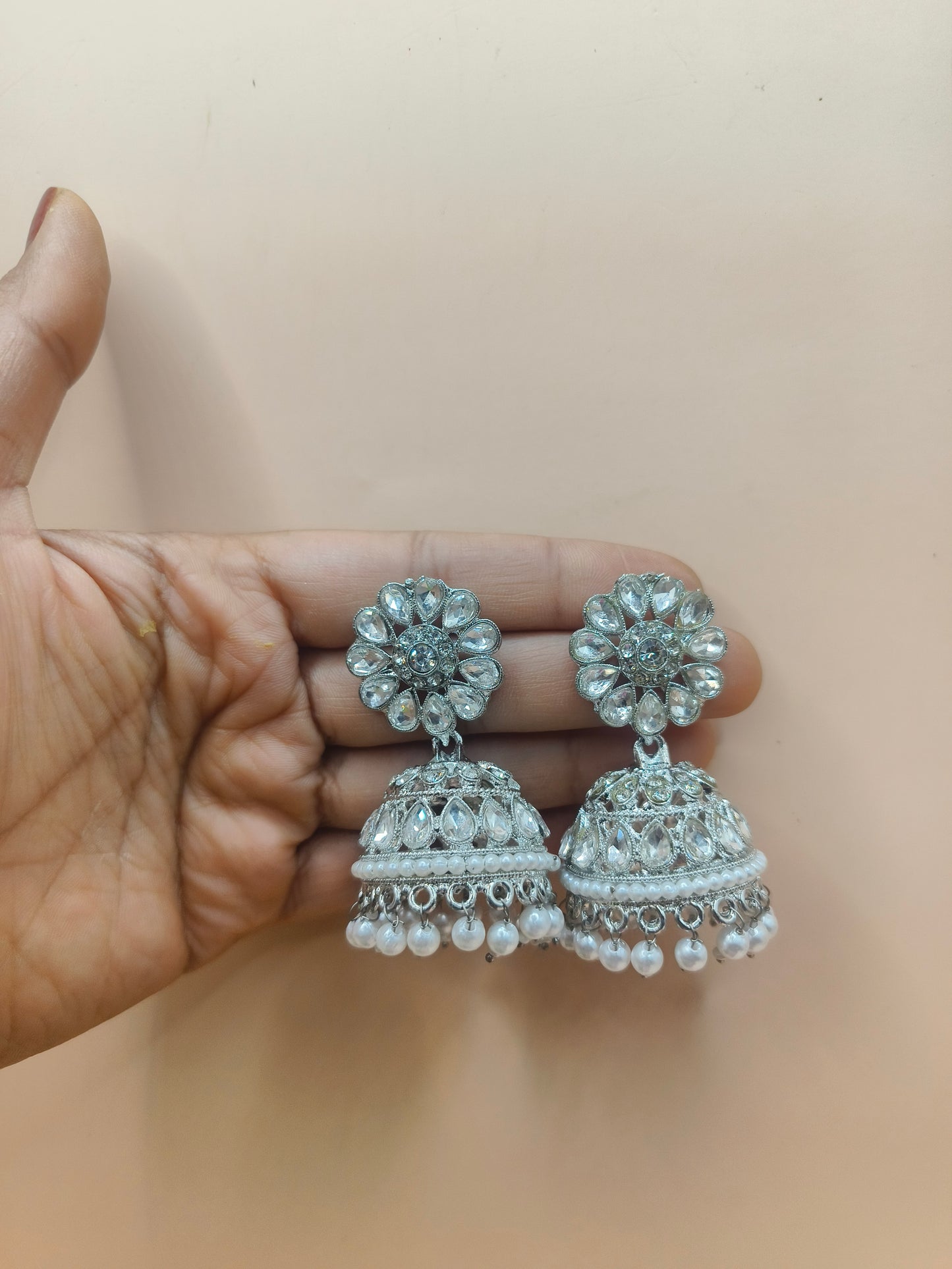 Silver Crystal Kundan Choker Set with Pearl Drops & Matching Jhumka and Mangtika