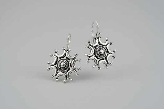 Oxidised Silver Sunburst Earrings | Vintage Boho Tribal Design