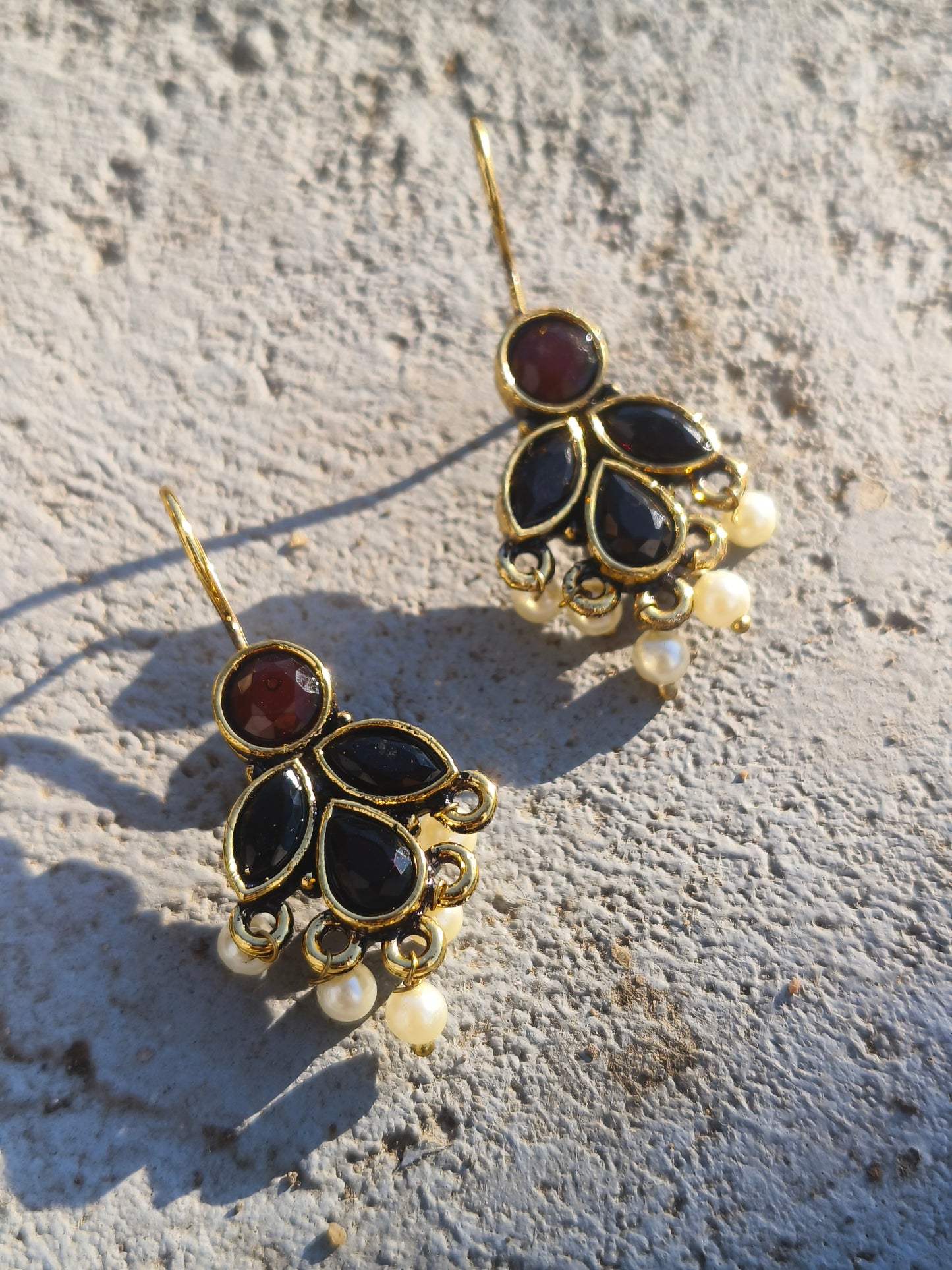 Gold-Plated Kundan & Black Stone Earrings with Pearl Drops | Traditional Ethnic Dangler