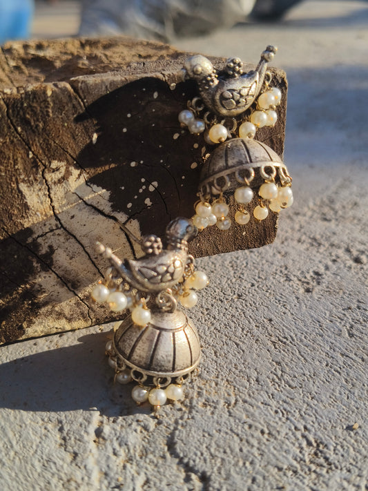 Oxidised Silver Bird Jhumka Earrings with Pearl Drops | Vintage Ethnic Design