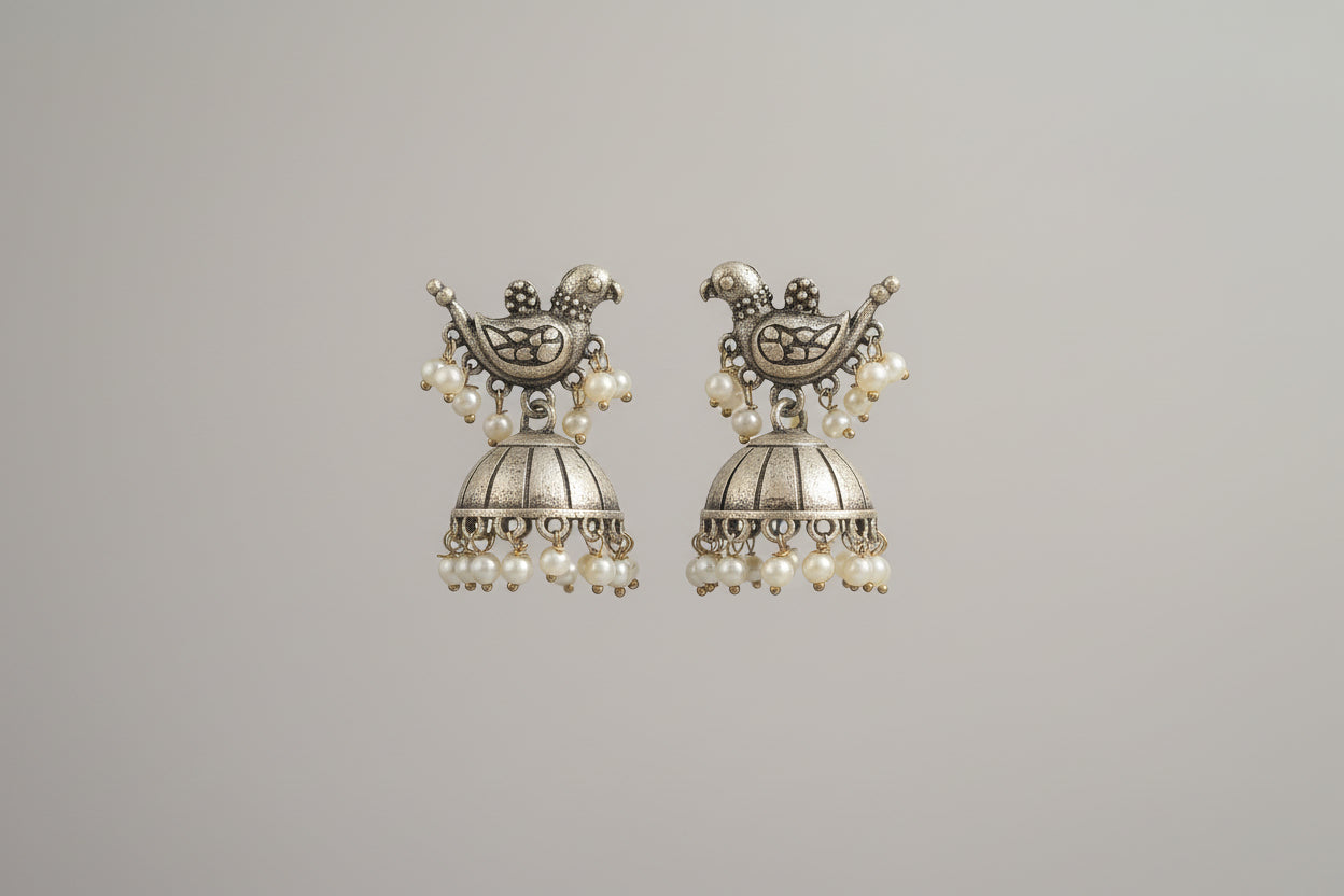 Oxidised Silver Bird Jhumka Earrings with Pearl Drops | Vintage Ethnic Design