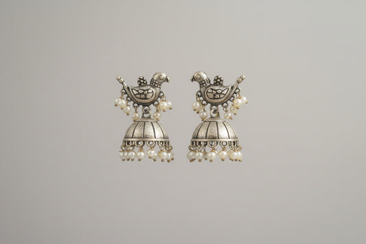 Oxidised Silver Bird Jhumka Earrings with Pearl Drops | Vintage Ethnic Design