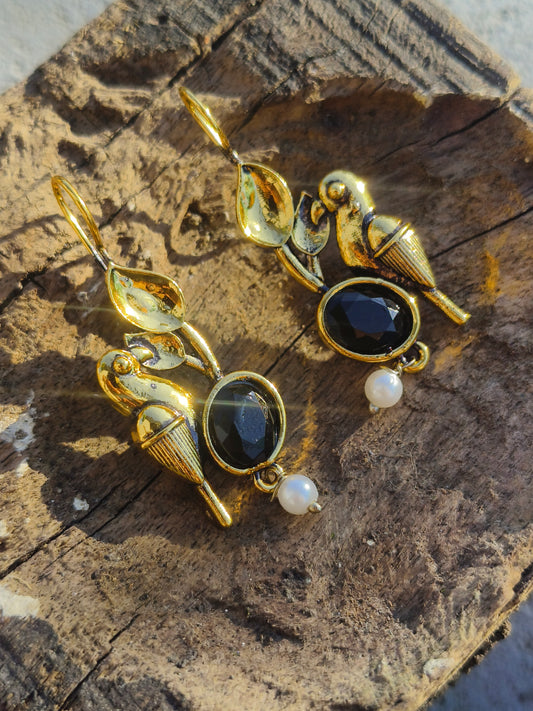 Gold-Plated Bird Design Earrings with Black Stone & Pearl Drop | Elegant Ethnic Danglers