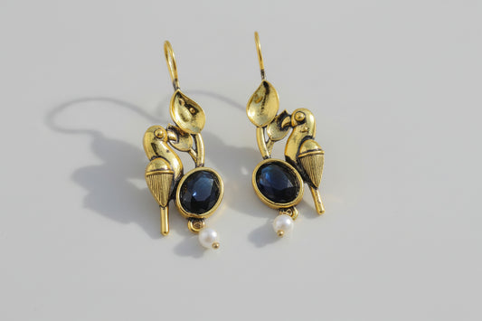 Gold-Plated Bird Design Earrings with Black Stone & Pearl Drop | Elegant Ethnic Danglers