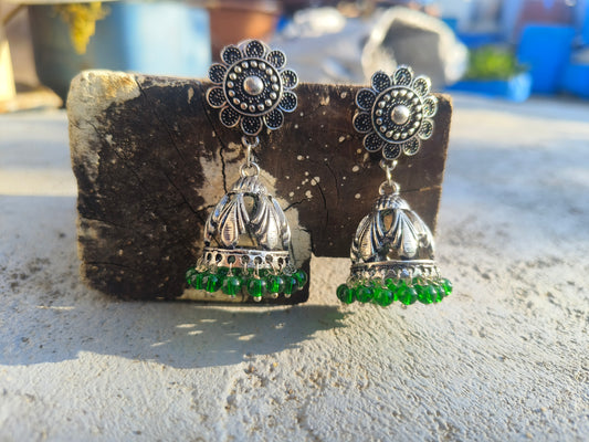 Oxidised Silver Floral Jhumka Earrings with Green Beads | Traditional Ethnic Jewellery