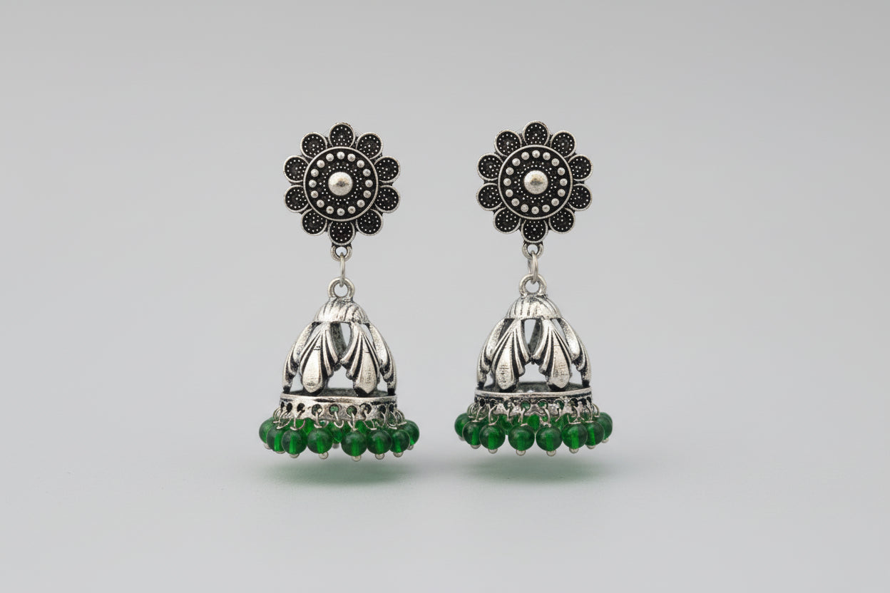 Oxidised Silver Floral Jhumka Earrings with Green Beads | Traditional Ethnic Jewellery