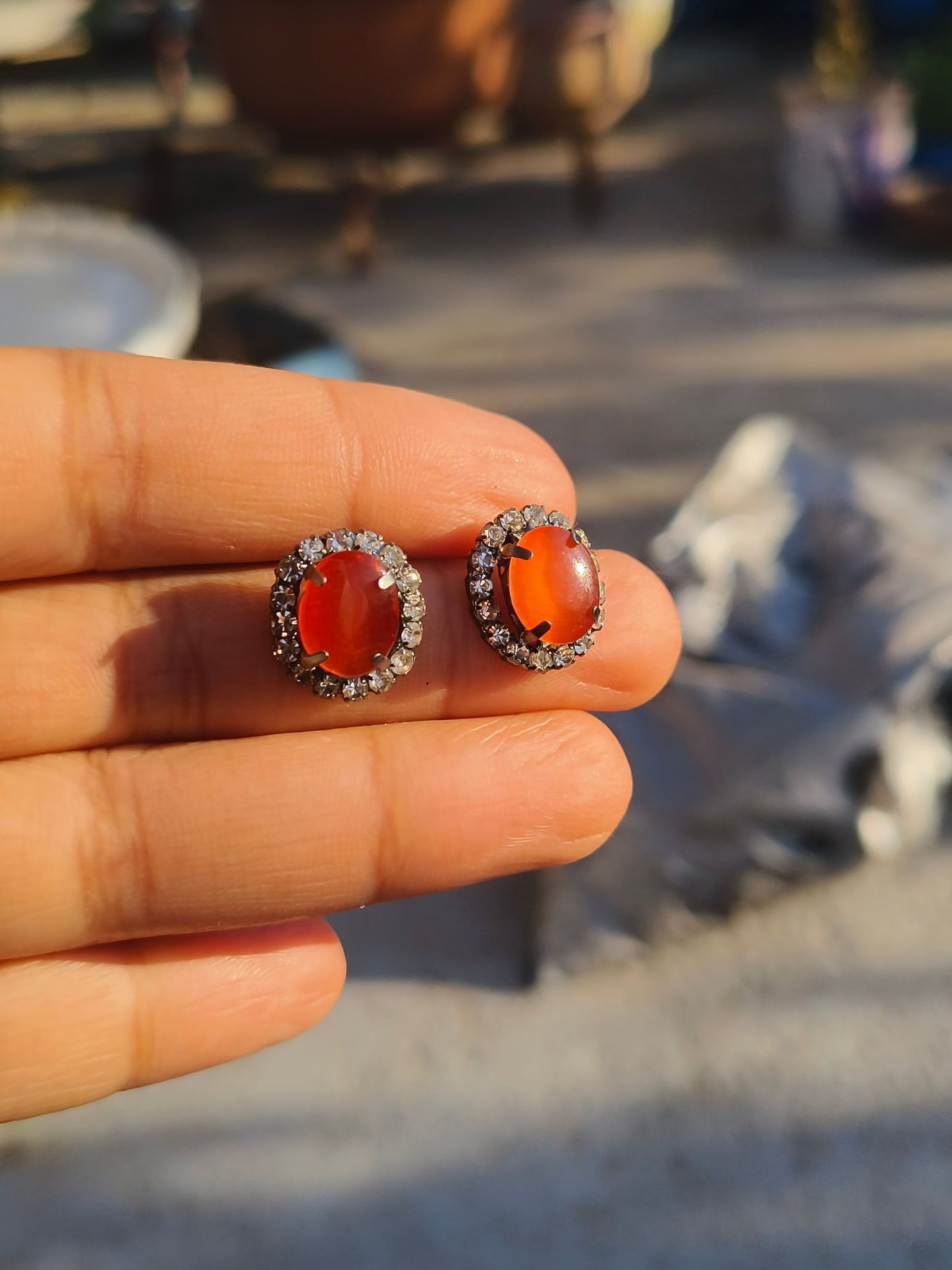 Elegant Orange Stone Stud Earrings with Crystal Halo | Classic Daily Wear Studs