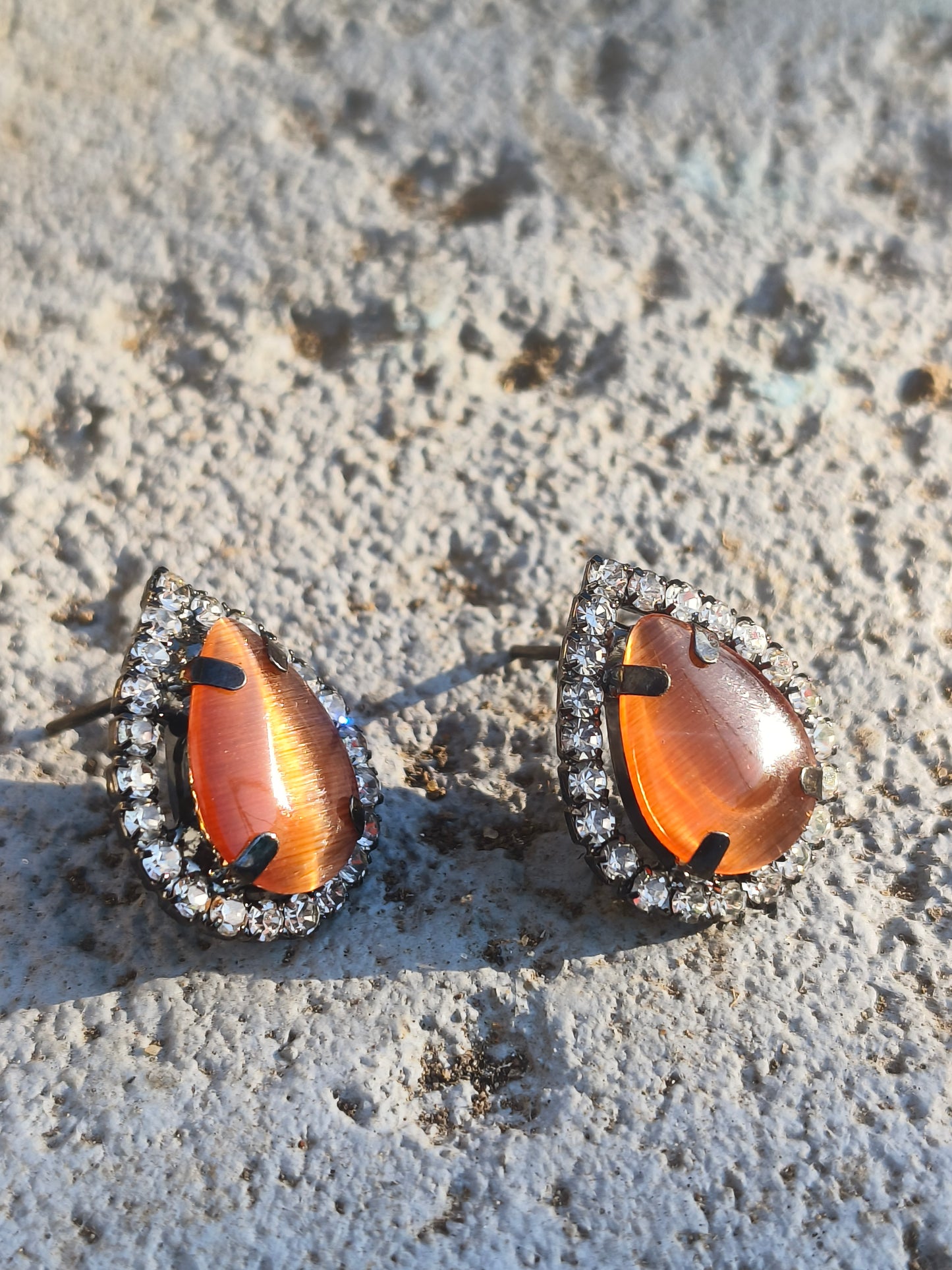 Teardrop Orange Stone Stud Earrings with Crystal Border | Elegant Daily & Party Wear Studs