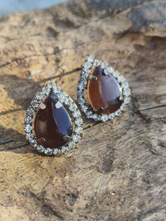 Teardrop Orange Stone Stud Earrings with Crystal Border | Elegant Daily & Party Wear Studs