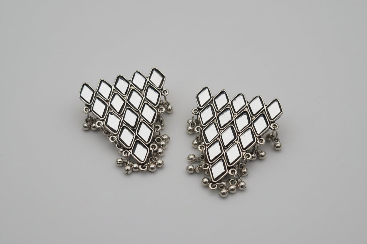 Mirror Work Statement Earrings | Silver Finish