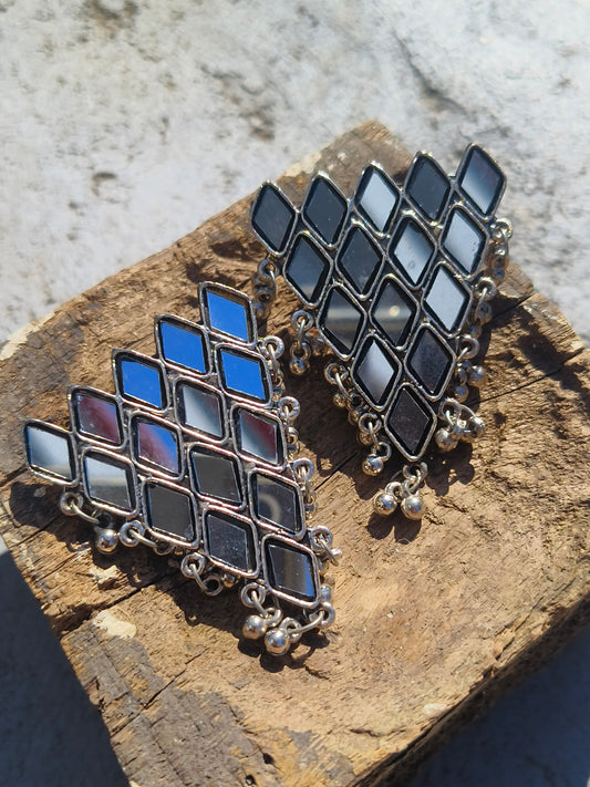 Mirror Work Statement Earrings | Silver Finish