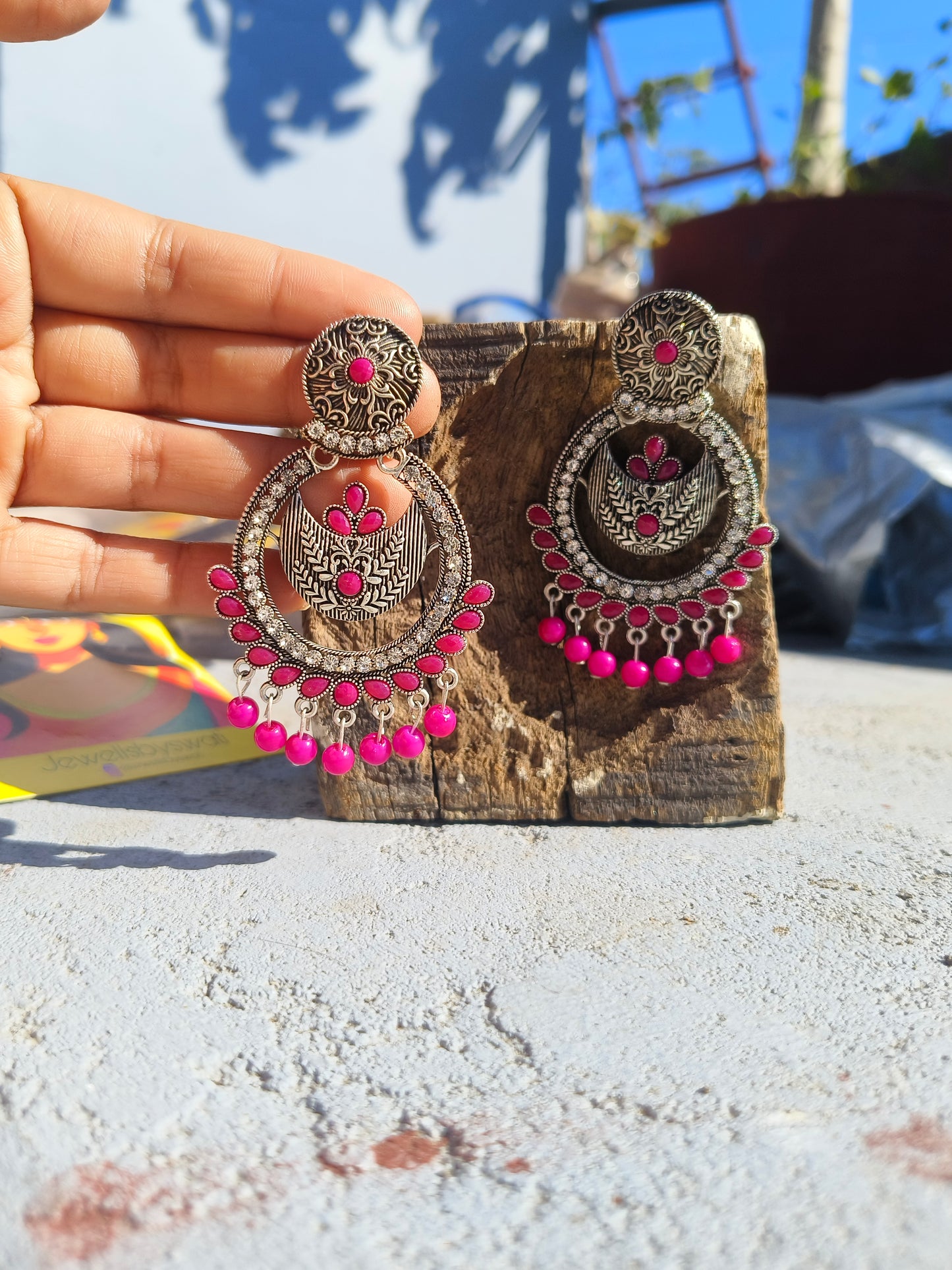 Pink Stone Oxidised Chandbali Earrings | Statement Ethnic Wear