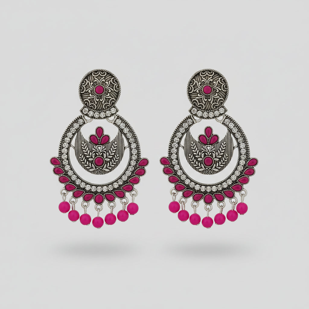 Pink Stone Oxidised Chandbali Earrings | Statement Ethnic Wear
