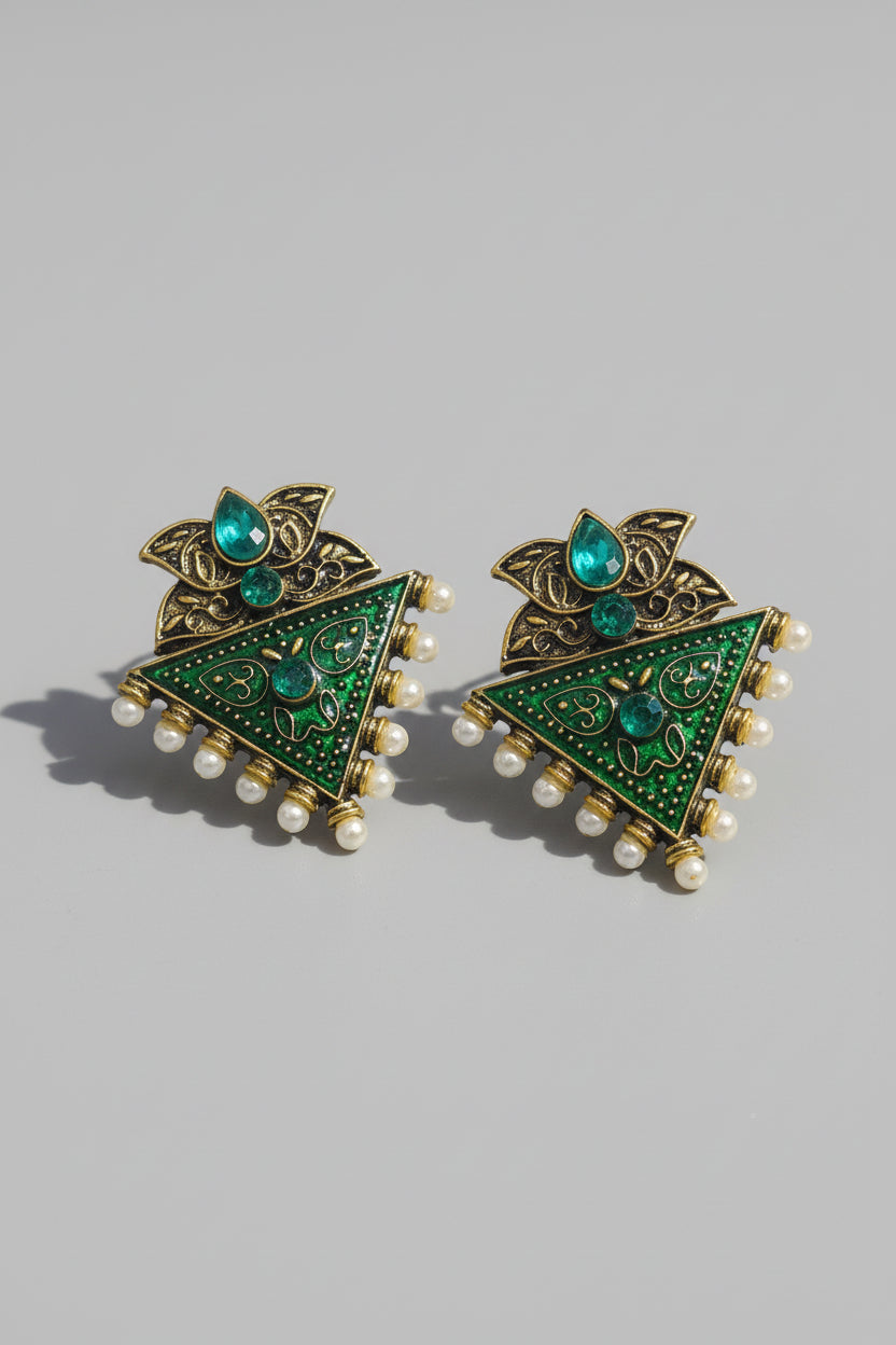 Green Triangle Meenakari Earrings with Pearl Drops | Gold Finish
