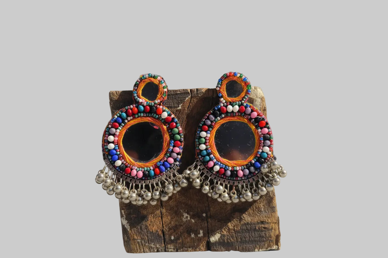 Colorful Mirror Work Afghani Earrings | Boho Ghungroo Design
